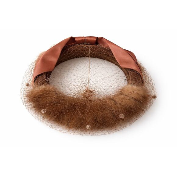 Vintage Mink Halo Hat Veil Satin Bow Brown 1950s Cocktail Hat Pugh’s Box main image 10